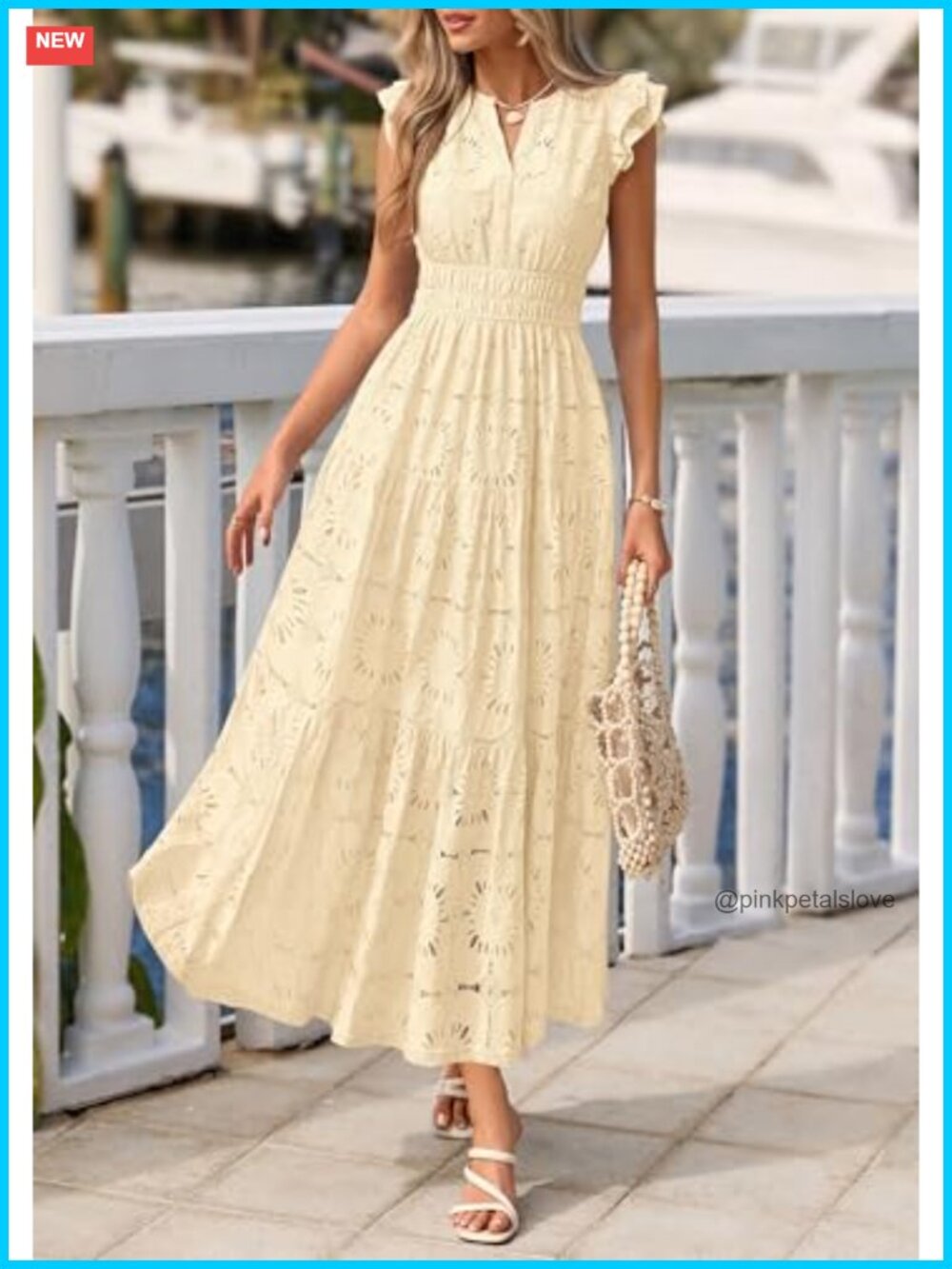 Boho Maxi Dress Flutter Sleeve V-Neck Floral Lace Eyelet Tiered Fit & Flare - Picture 5 of 6